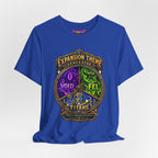 Expansion Theme Generator fantasy MMO graphic T-shirt, blue shirt draped on a light background.