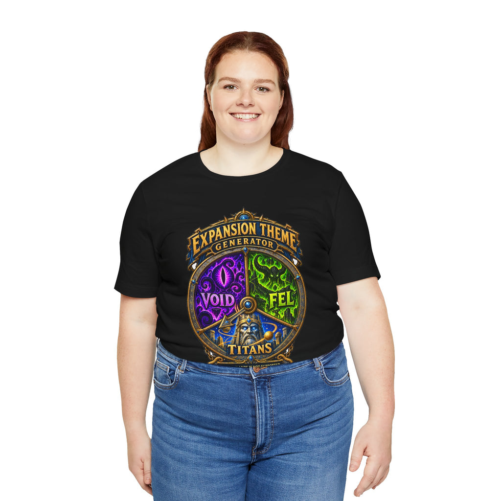 Expansion Theme Generator fantasy MMO graphic T-shirt, black shirt front view modeled with hands at the sides.