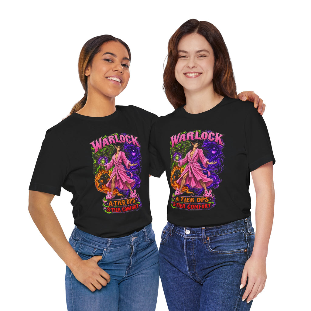 Warlock A-Tier DPS, S-Tier Comfort fantasy gamer T-shirt, black shirts modeled by two women.