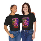 Warlock A-Tier DPS, S-Tier Comfort fantasy gamer T-shirt, black shirts modeled by two women.