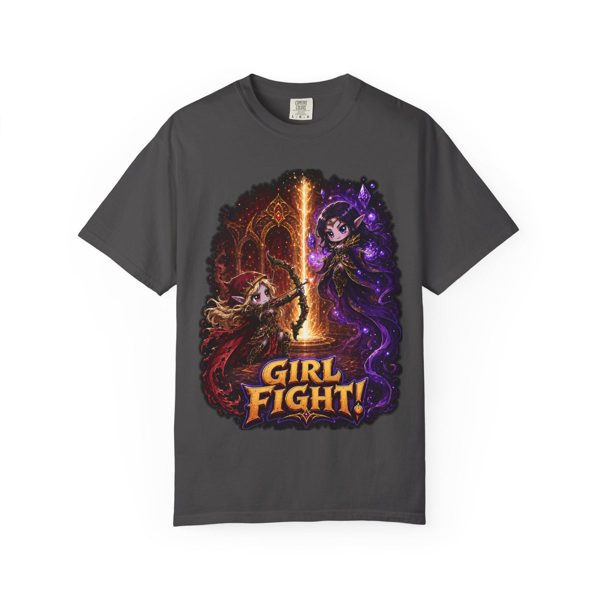 Girl Fight fantasy warrior duel graphic T-shirt, charcoal shirt front view.