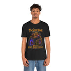 Great Vault Reset Regret Repeat fantasy MMO graphic T-shirt, black shirt front view modeled with a relaxed stance.