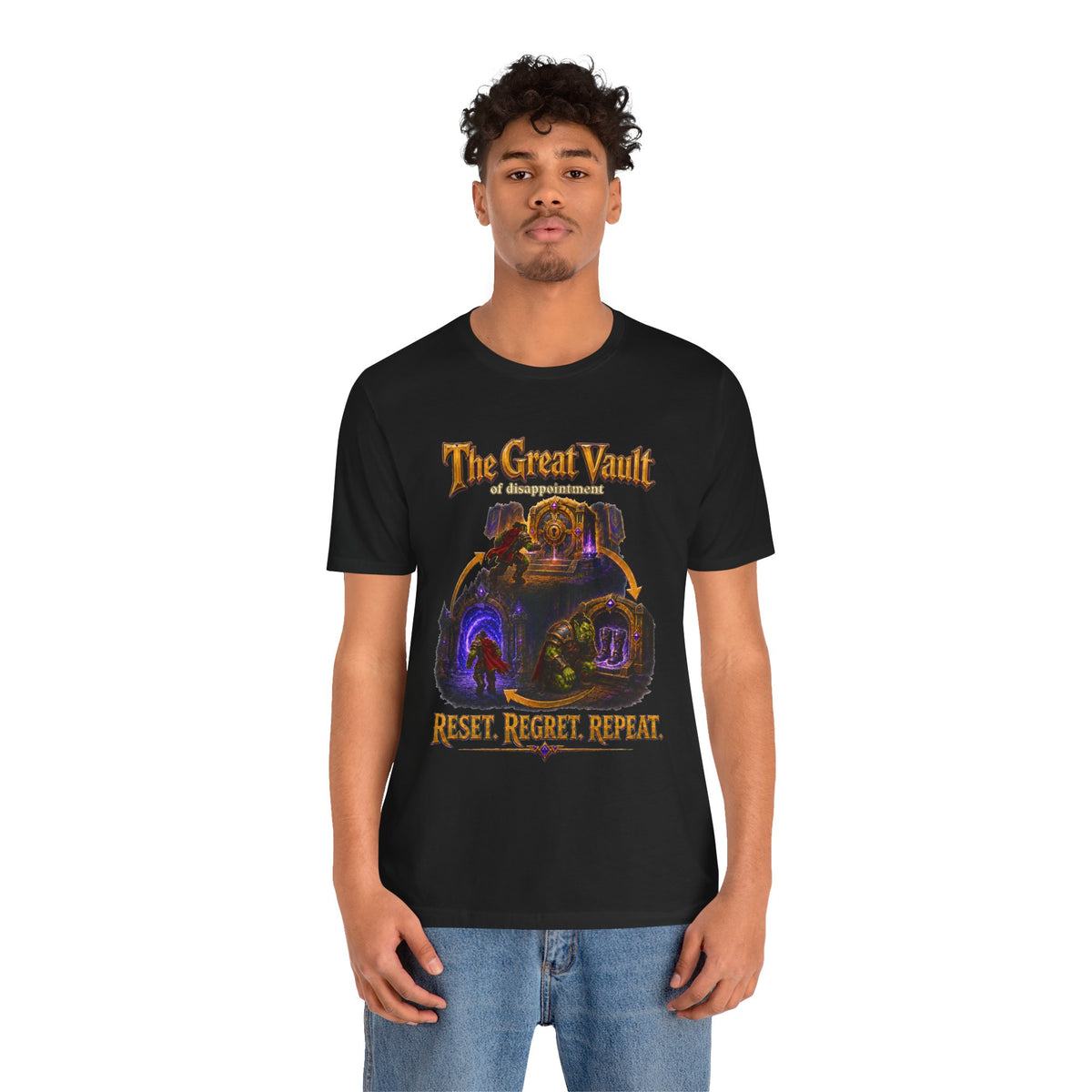 Great Vault Reset Regret Repeat fantasy MMO graphic T-shirt, black shirt front view modeled with a relaxed stance.