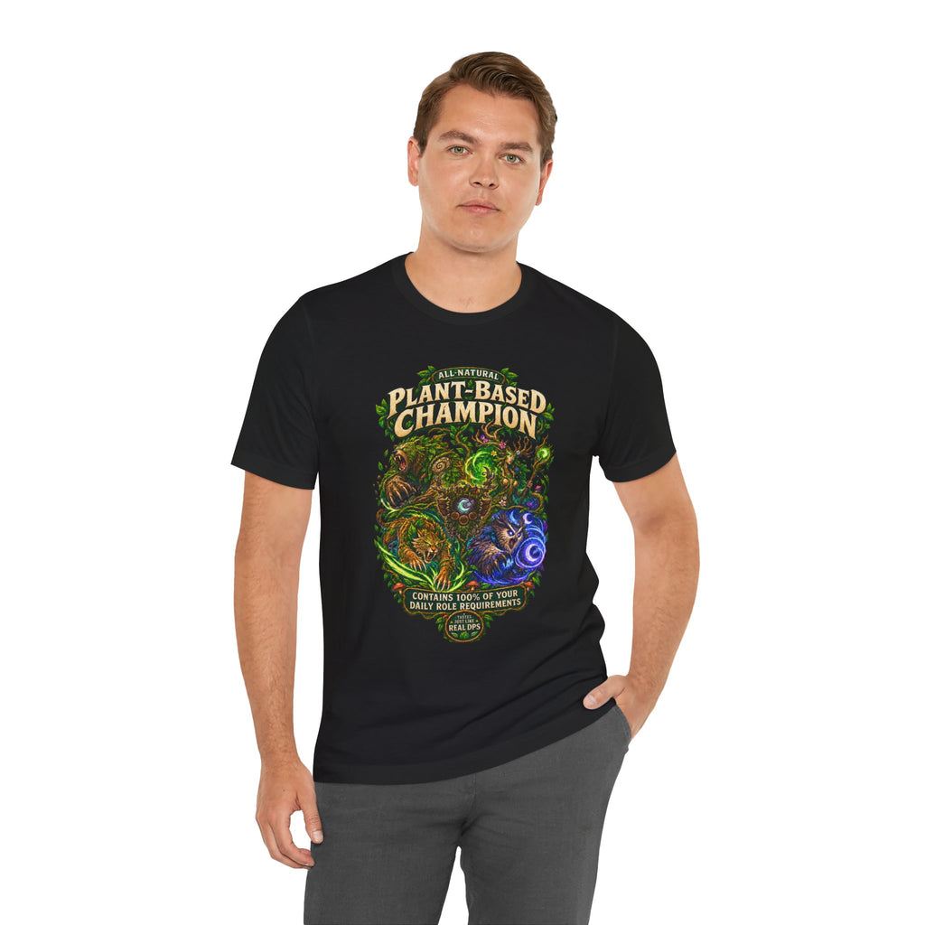 Plant-Based Champion fantasy druid graphic T-shirt, black shirt front view modeled with one hand in a pocket.
