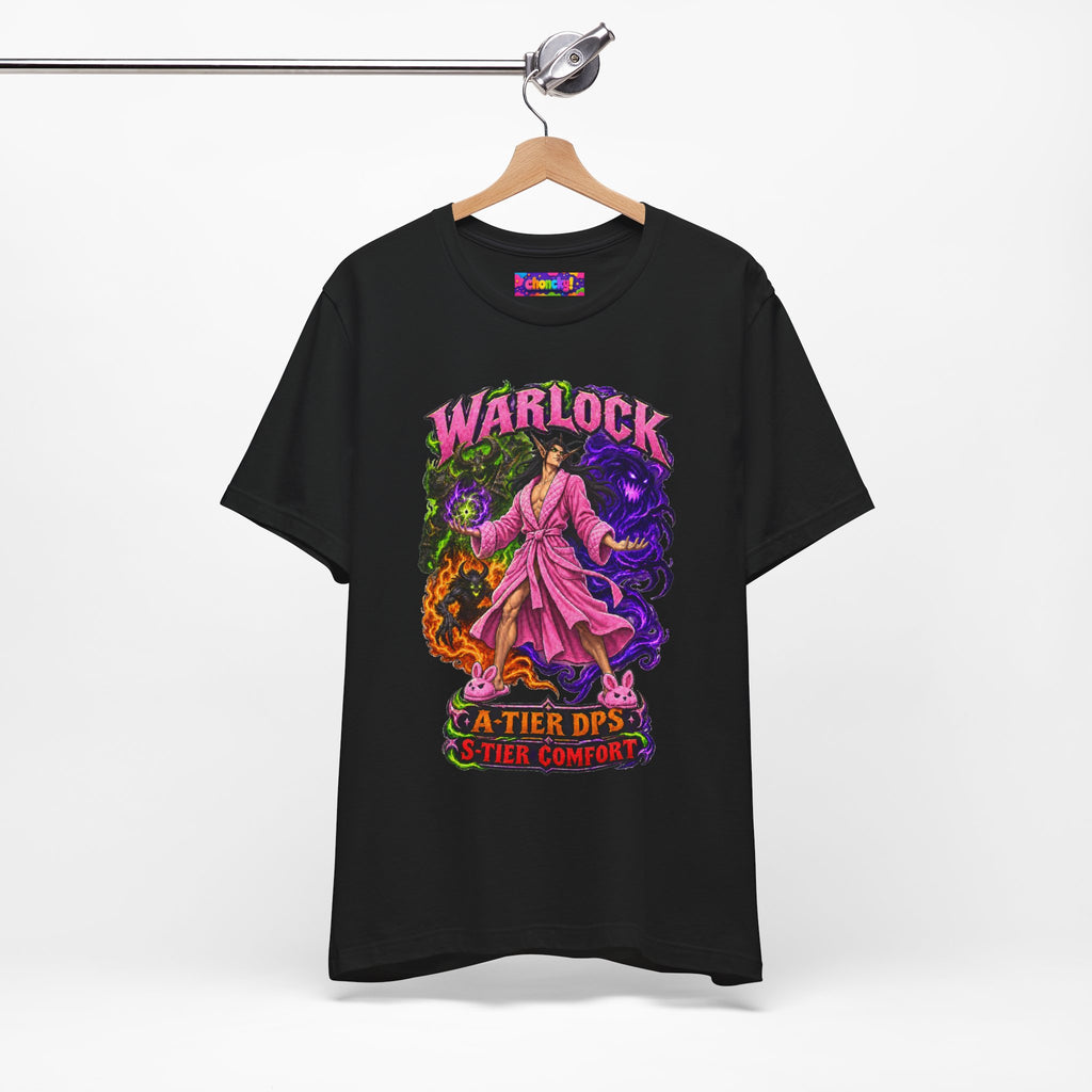 Warlock A-Tier DPS, S-Tier Comfort fantasy gamer T-shirt, black shirt hanging from a wooden hanger.