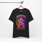 Warlock A-Tier DPS, S-Tier Comfort fantasy gamer T-shirt, black shirt hanging from a wooden hanger.