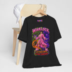 Warlock A-Tier DPS, S-Tier Comfort fantasy gamer T-shirt, black shirt hanging beside a chair.