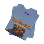 Great Vault Reset Regret Repeat fantasy MMO graphic T-shirt, blue shirt folded to show the print.