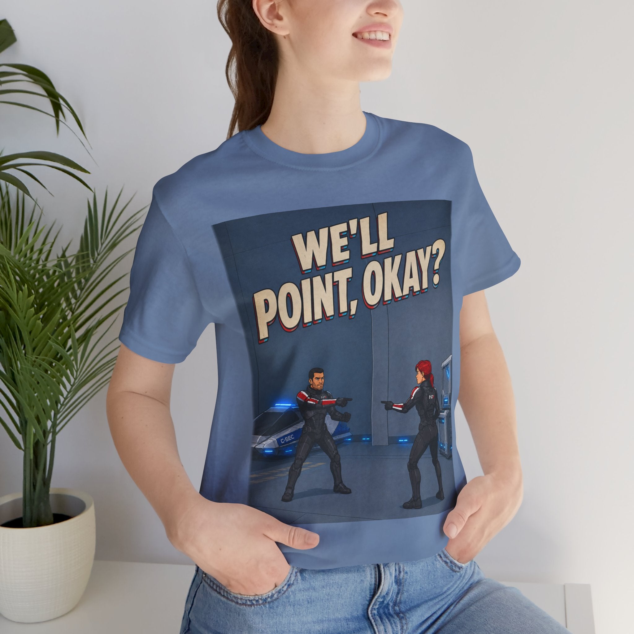 We'll Point, Okay? retro sci-fi action graphic T-shirt, blue shirt front view modeled with hands at the sides.