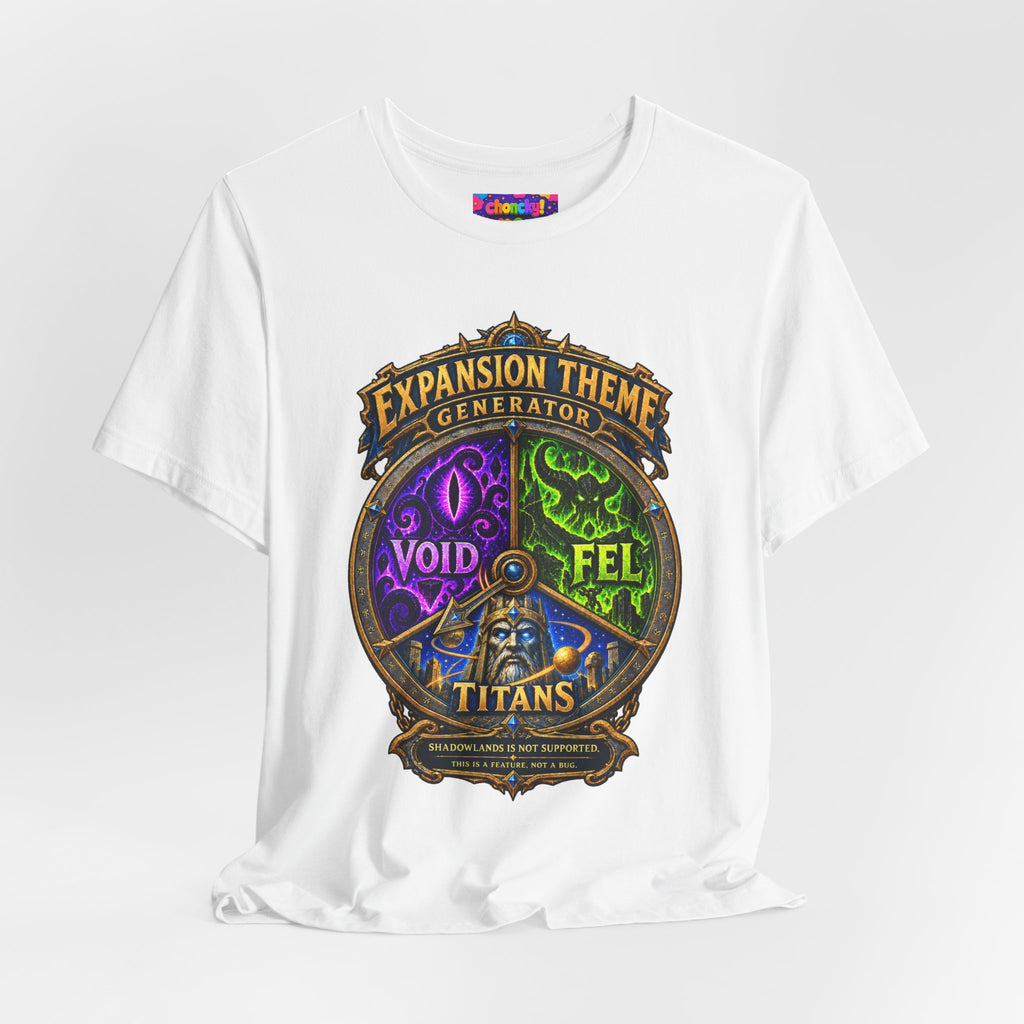 Expansion Theme Generator fantasy MMO graphic T-shirt, white shirt draped on a light background.