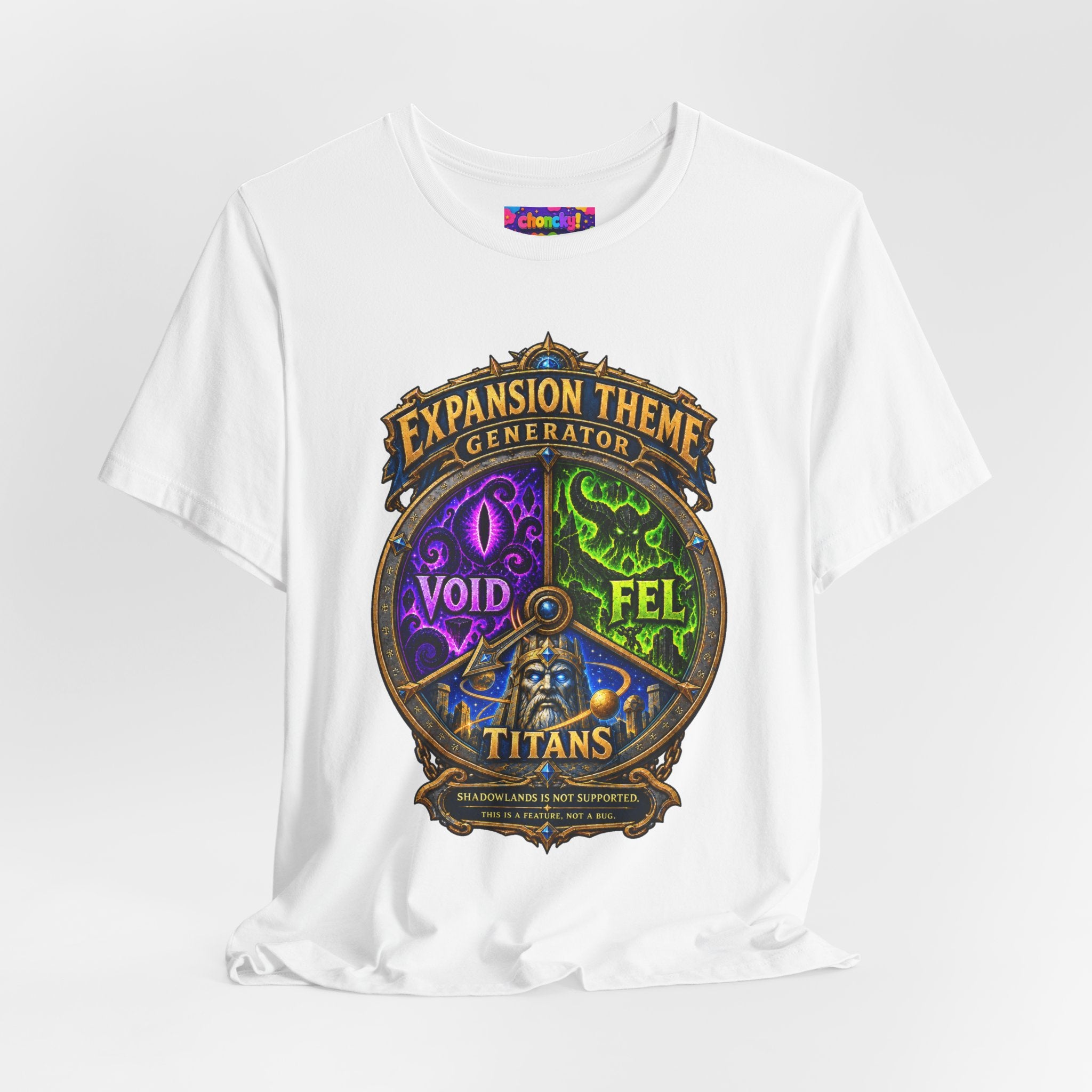 Expansion Theme Generator fantasy MMO graphic T-shirt, white shirt draped on a light background.