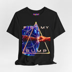 Fist My Bump Rocky and Grace sci-fi graphic T-shirt, black shirt draped on a light background.