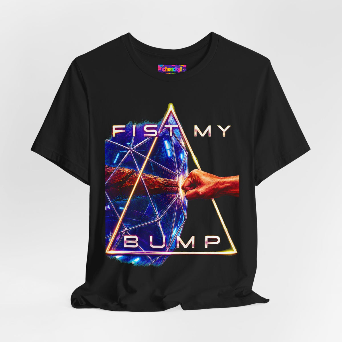 Fist My Bump Rocky and Grace sci-fi graphic T-shirt, black shirt draped on a light background.