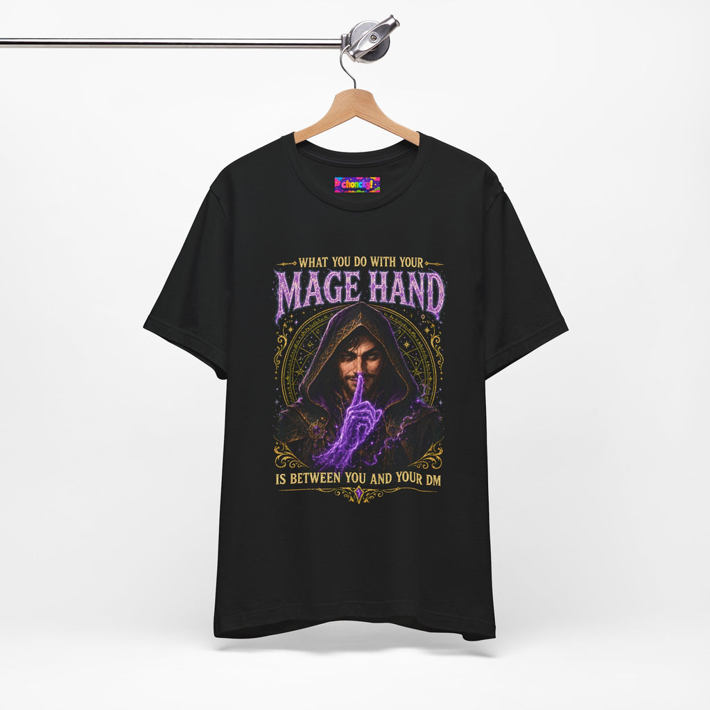 Mage Hand tabletop RPG graphic T-shirt, black shirt hanging from a wooden hanger.