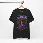 Mage Hand tabletop RPG graphic T-shirt, black shirt hanging from a wooden hanger.