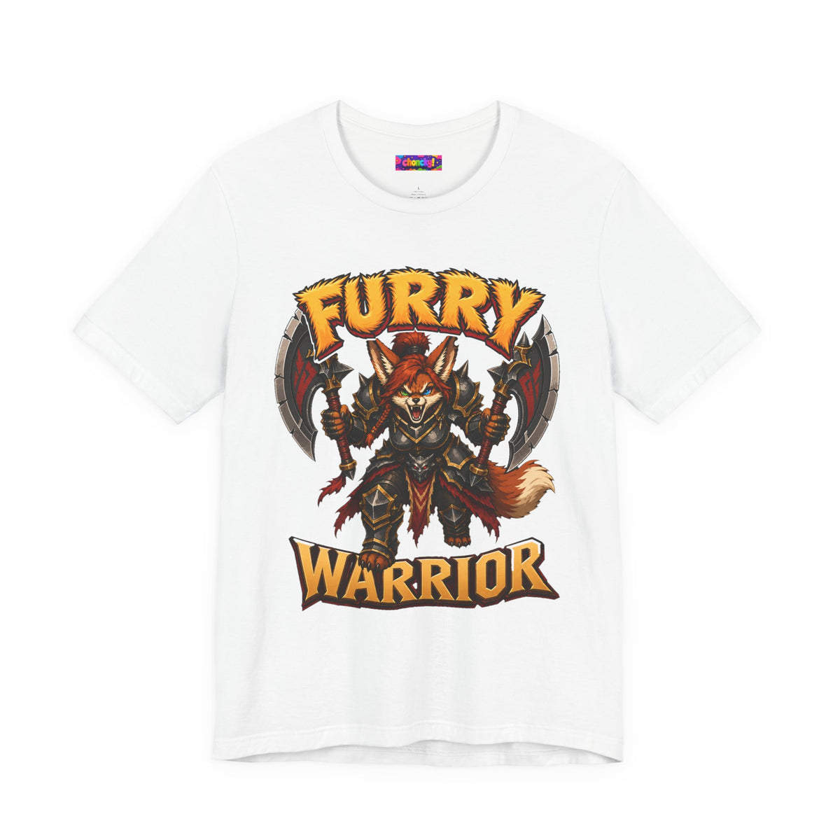 Furry Warrior vulpera fantasy MMO graphic T-shirt, white shirt front view.