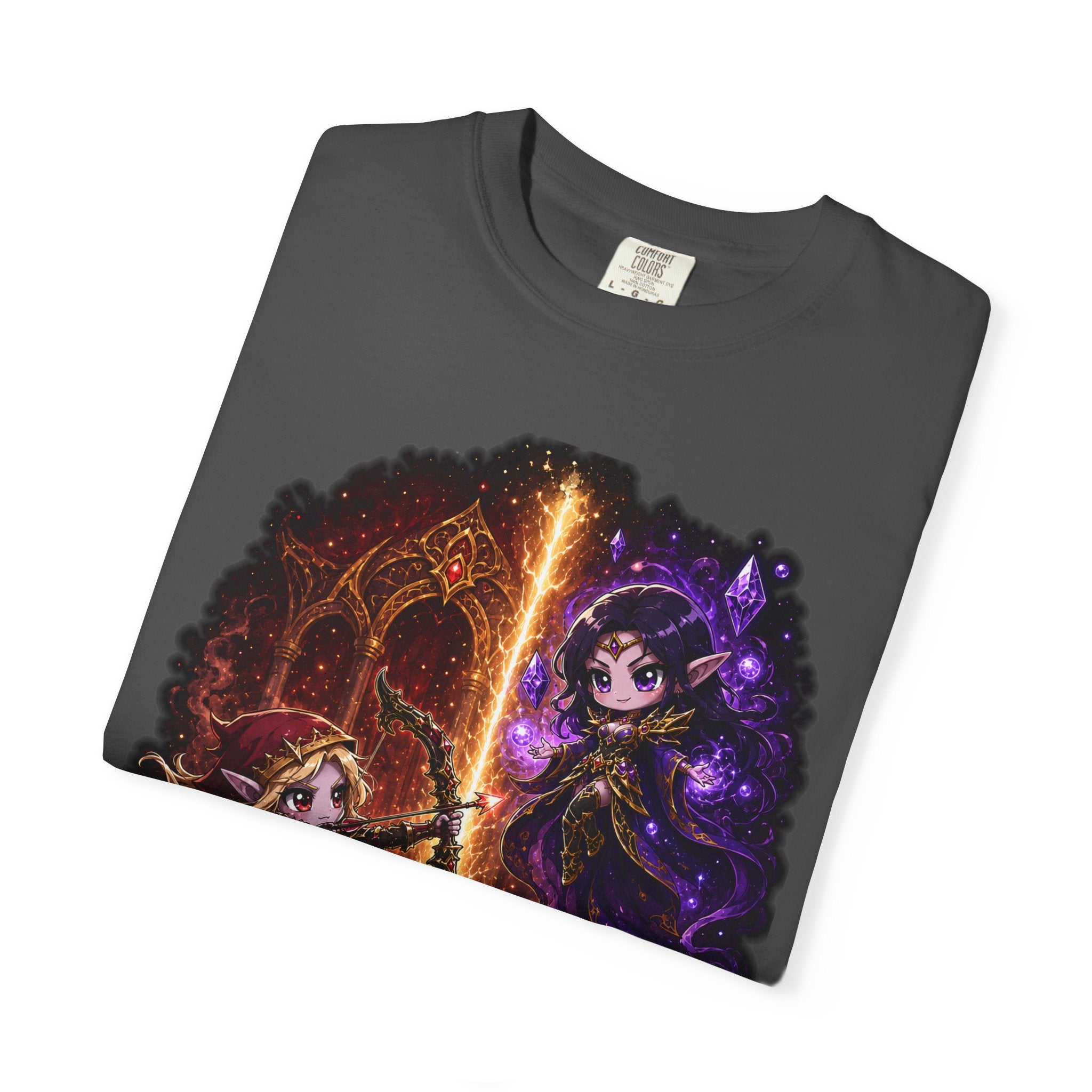 Girl Fight fantasy warrior duel graphic T-shirt, charcoal shirt folded to show the print.