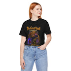 Great Vault Reset Regret Repeat fantasy MMO graphic T-shirt, black shirt front view modeled in a casual stance.