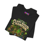 Plant-Based Champion fantasy druid graphic T-shirt, black shirt folded to show the print.