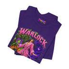 Warlock A-Tier DPS, S-Tier Comfort fantasy gamer T-shirt, purple shirt folded to show the print.