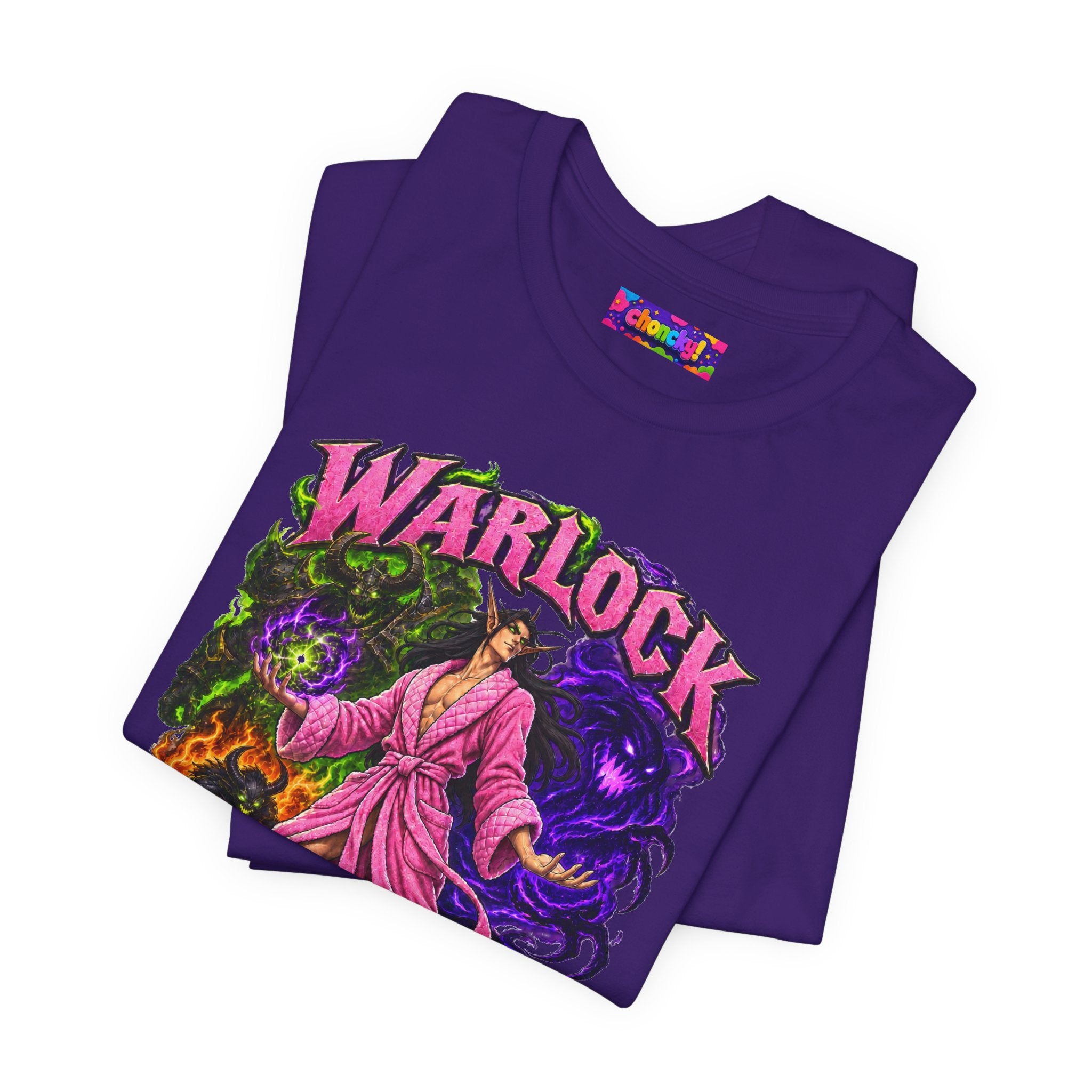 Warlock A-Tier DPS, S-Tier Comfort fantasy gamer T-shirt, purple shirt folded to show the print.