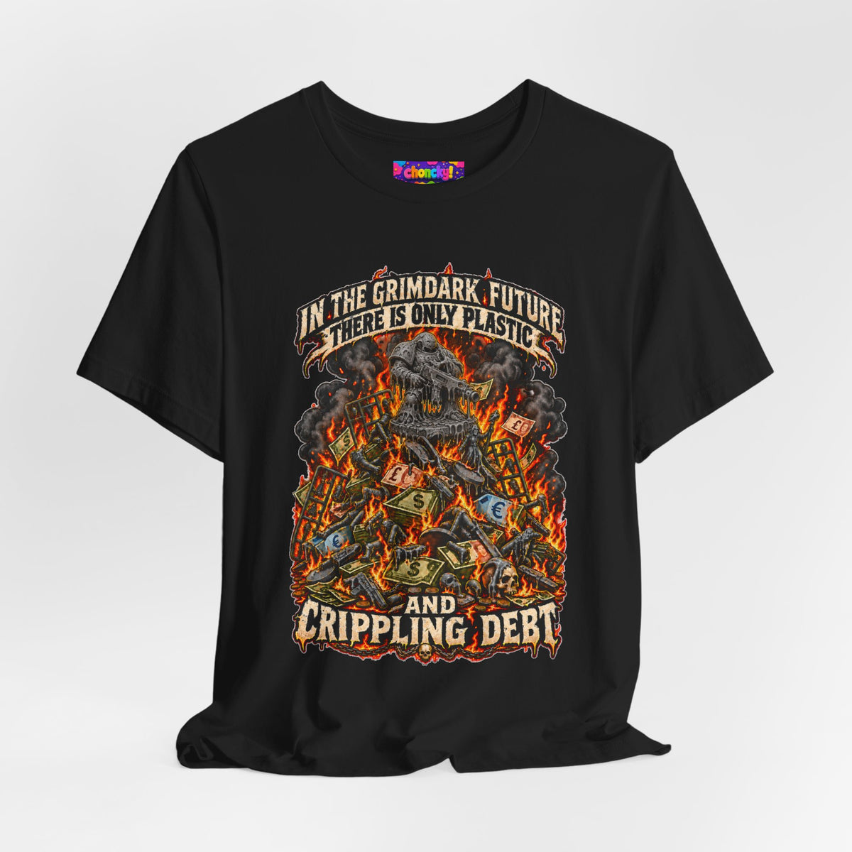 Only Plastic & Crippling Debt graphic T-shirt product mockup