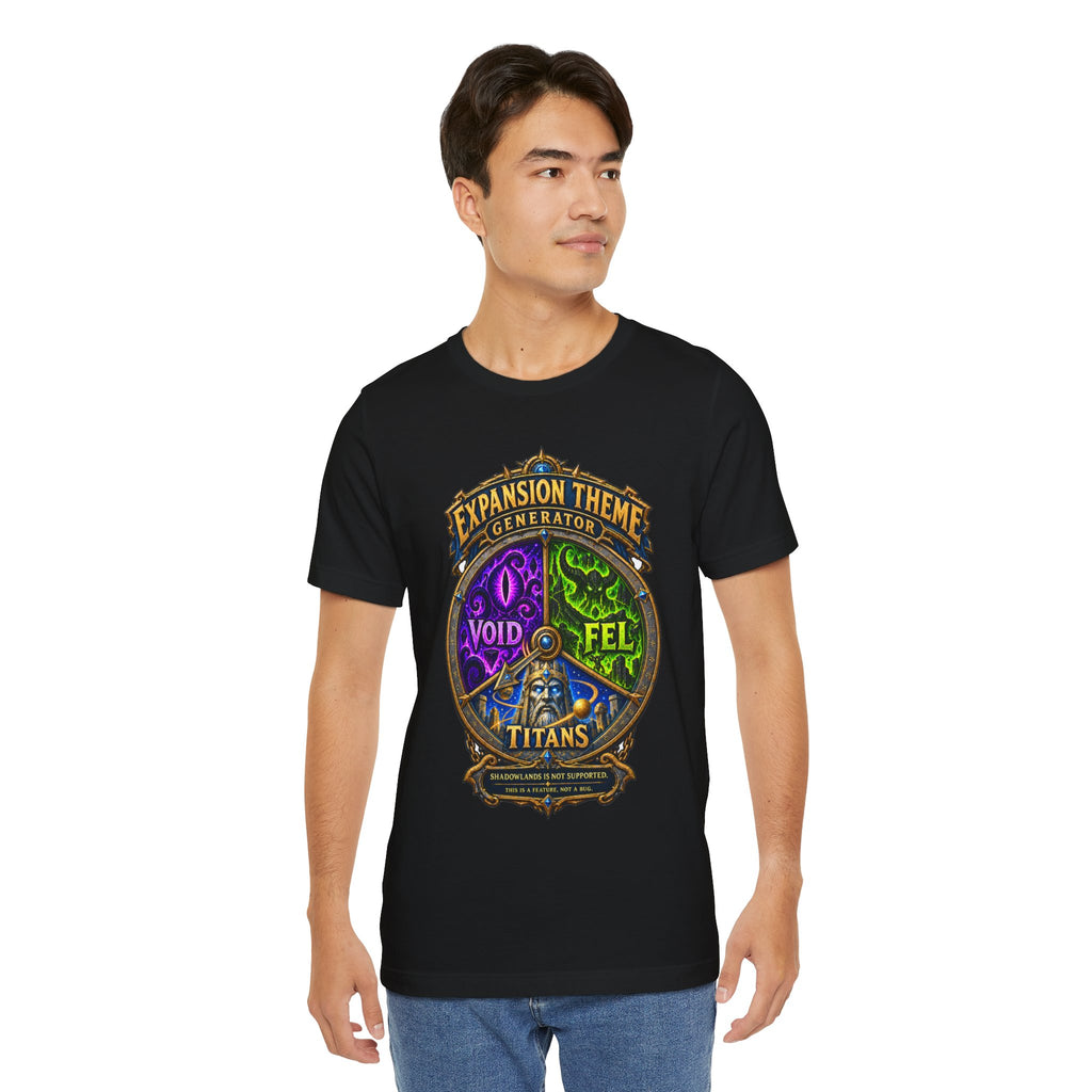 Expansion Theme Generator fantasy MMO graphic T-shirt, black shirt front view modeled with the shirt untucked.