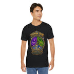 Expansion Theme Generator fantasy MMO graphic T-shirt, black shirt front view modeled with the shirt untucked.