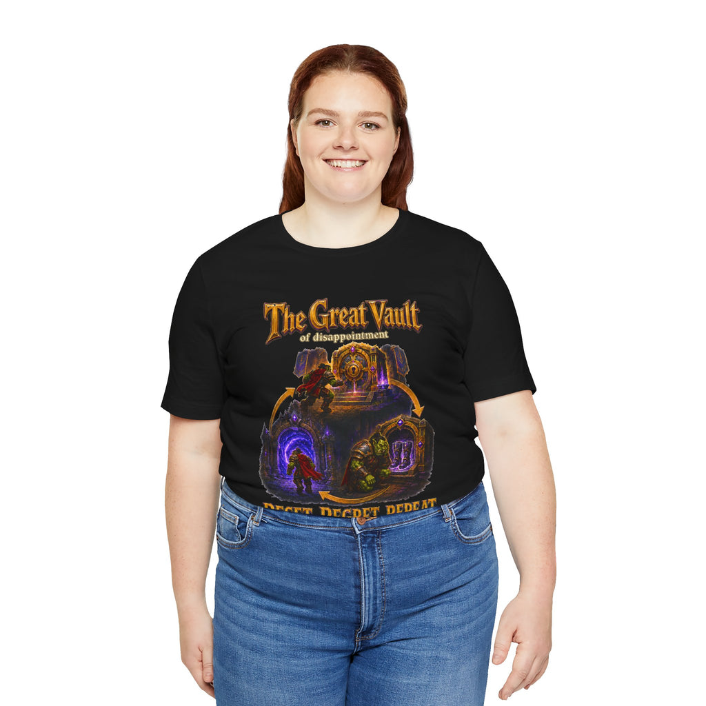 Great Vault Reset Regret Repeat fantasy MMO graphic T-shirt, black shirt front view modeled with hands at the sides.