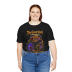 Great Vault Reset Regret Repeat fantasy MMO graphic T-shirt, black shirt front view modeled with hands at the sides.