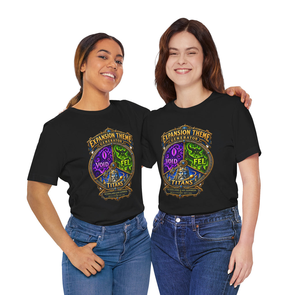Expansion Theme Generator fantasy MMO graphic T-shirt, black shirts modeled by two women.