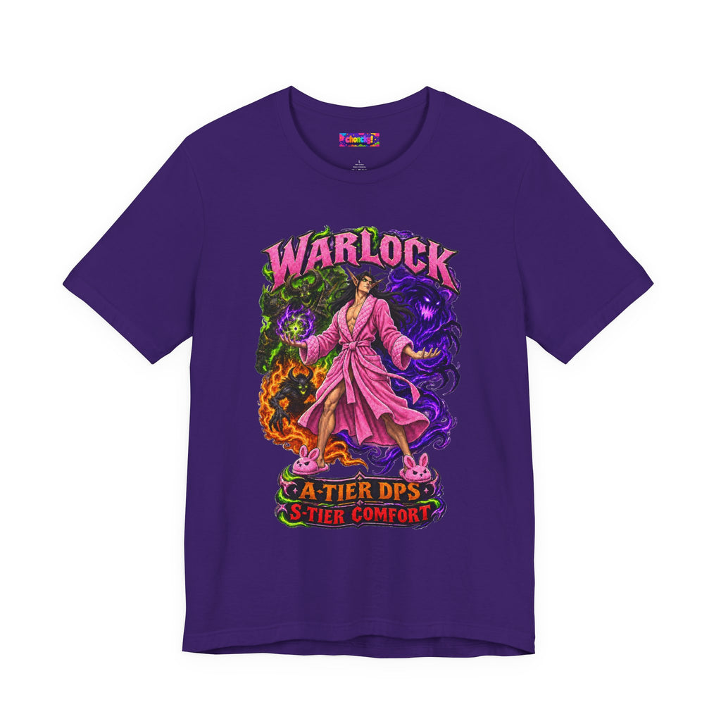 Warlock A-Tier DPS, S-Tier Comfort fantasy gamer T-shirt, purple shirt front view.