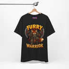 Furry Warrior vulpera fantasy MMO graphic T-shirt, black shirt hanging from a wooden hanger.