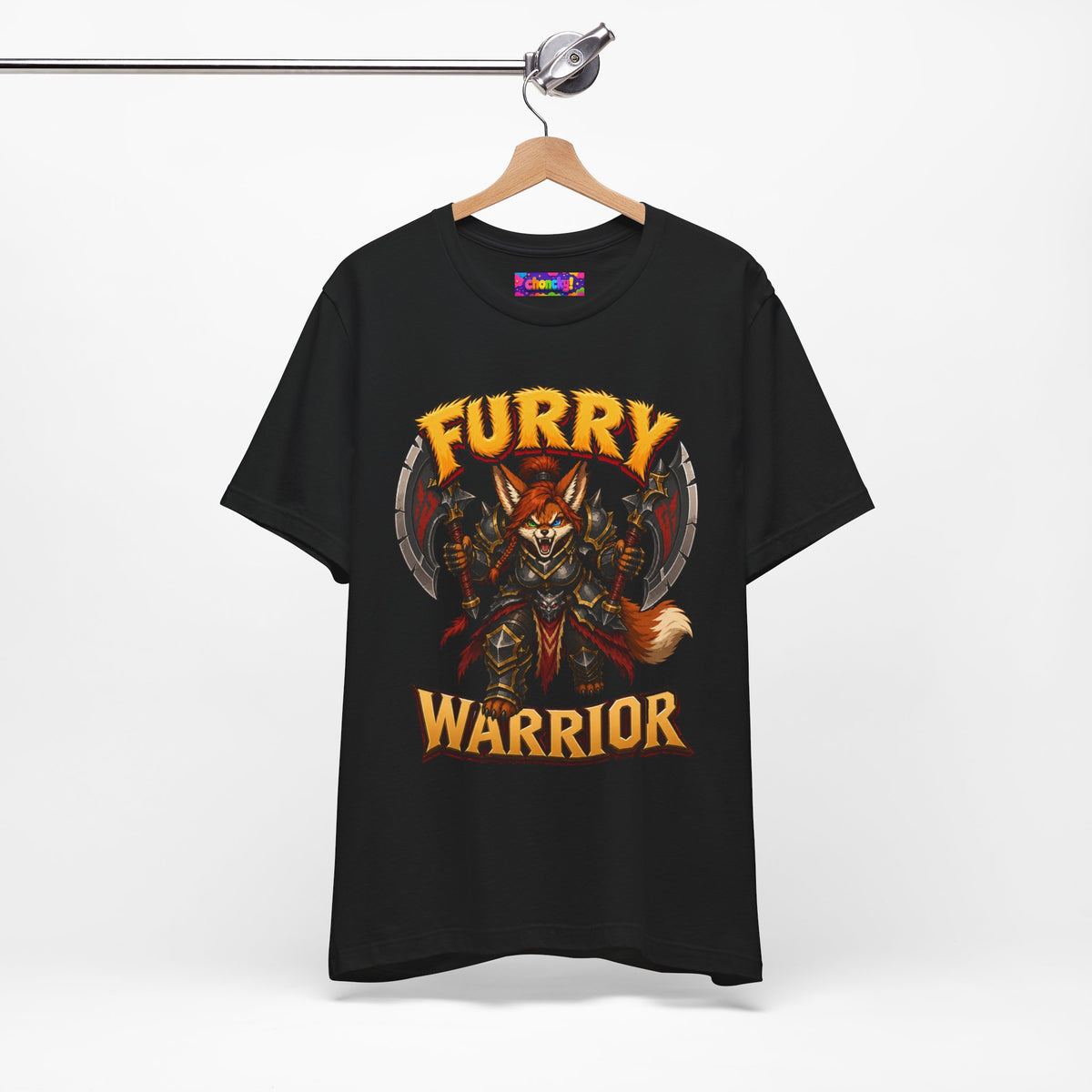 Furry Warrior vulpera fantasy MMO graphic T-shirt, black shirt hanging from a wooden hanger.