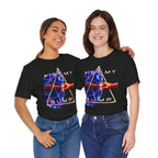 Fist My Bump Rocky and Grace sci-fi graphic T-shirt, black shirts modeled by two women.