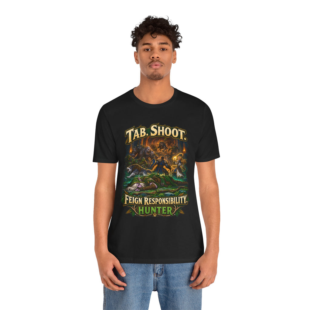 Feign Responsibility Hunter graphic T-shirt product mockup