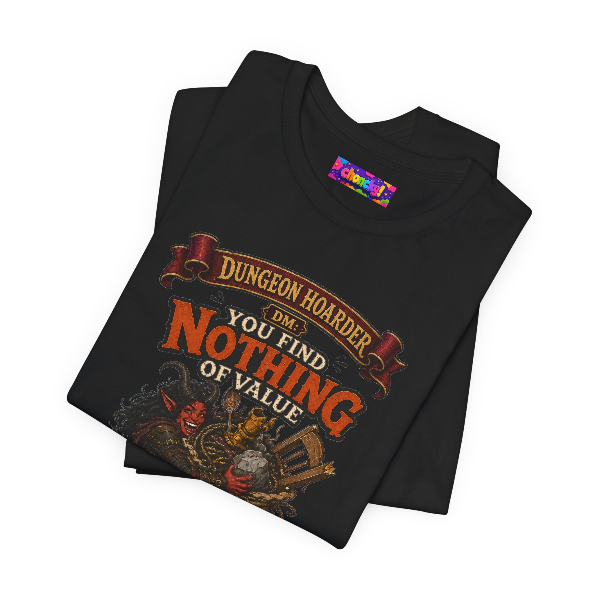 Dungeon Hoarder tiefling tabletop RPG graphic T-shirt, black shirt folded to show the print.