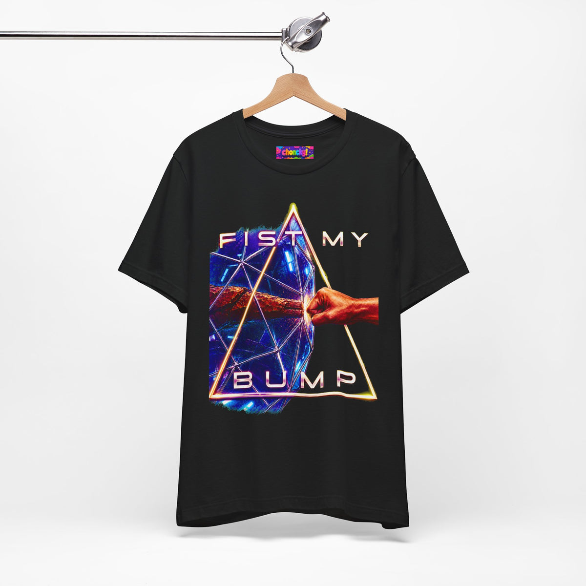 Fist My Bump Rocky and Grace sci-fi graphic T-shirt, black shirt hanging from a wooden hanger.