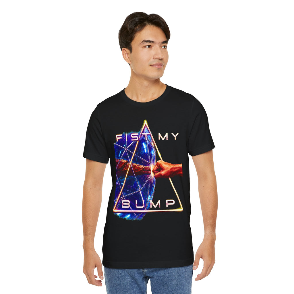 Fist My Bump Rocky and Grace sci-fi graphic T-shirt, black shirt front view modeled with the shirt untucked.