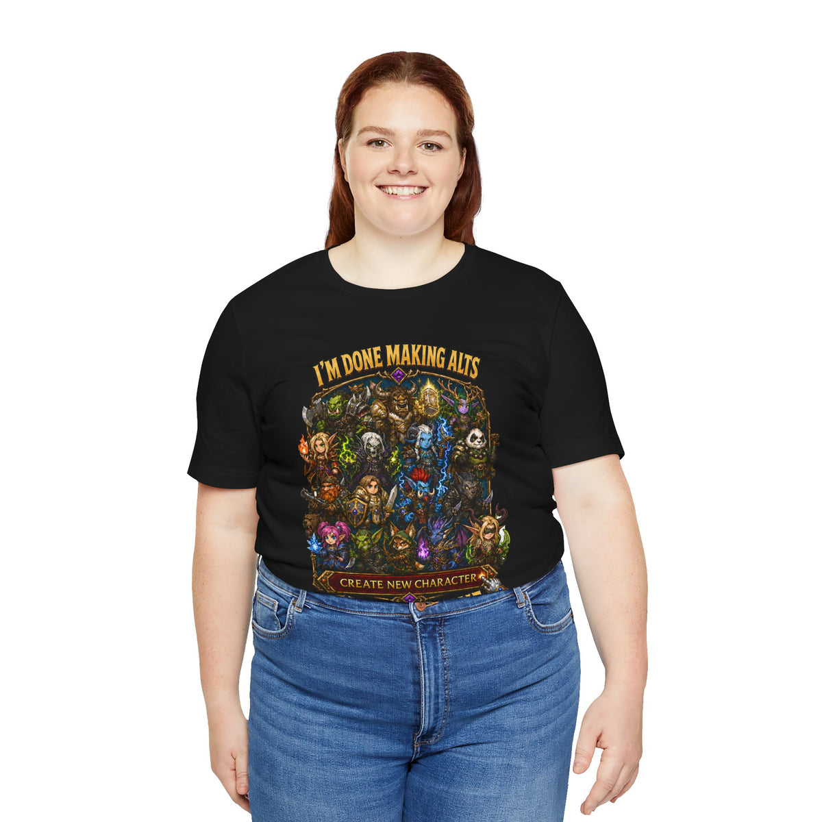 I'm Done Making Alts After This One fantasy MMO graphic T-shirt, black shirt front view modeled with hands at the sides.