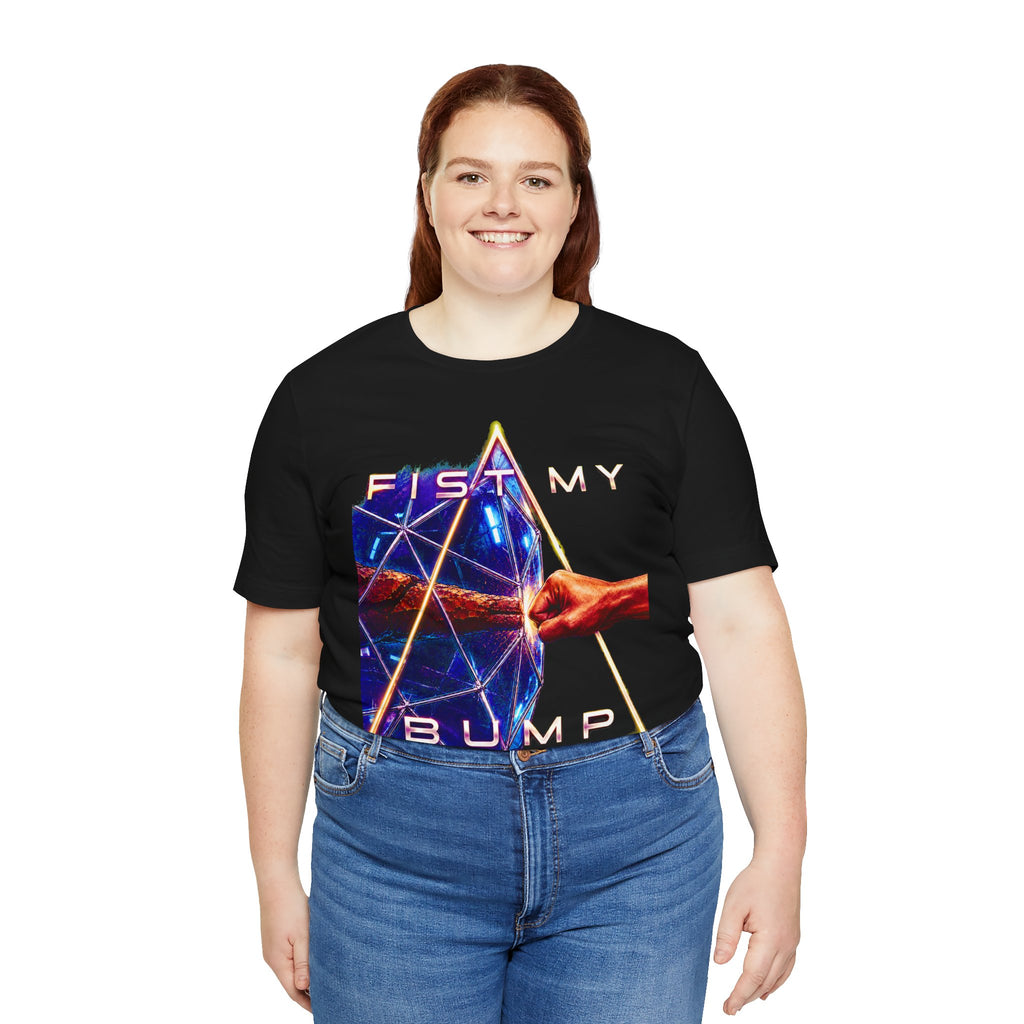 Fist My Bump Rocky and Grace sci-fi graphic T-shirt, black shirt front view modeled with hands at the sides.