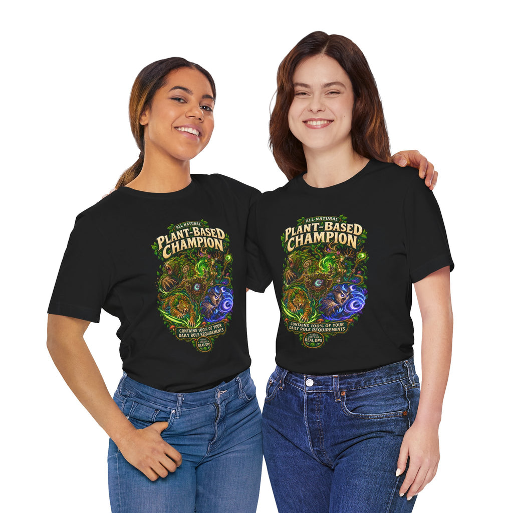 Plant-Based Champion fantasy druid graphic T-shirt, black shirts modeled by two women.