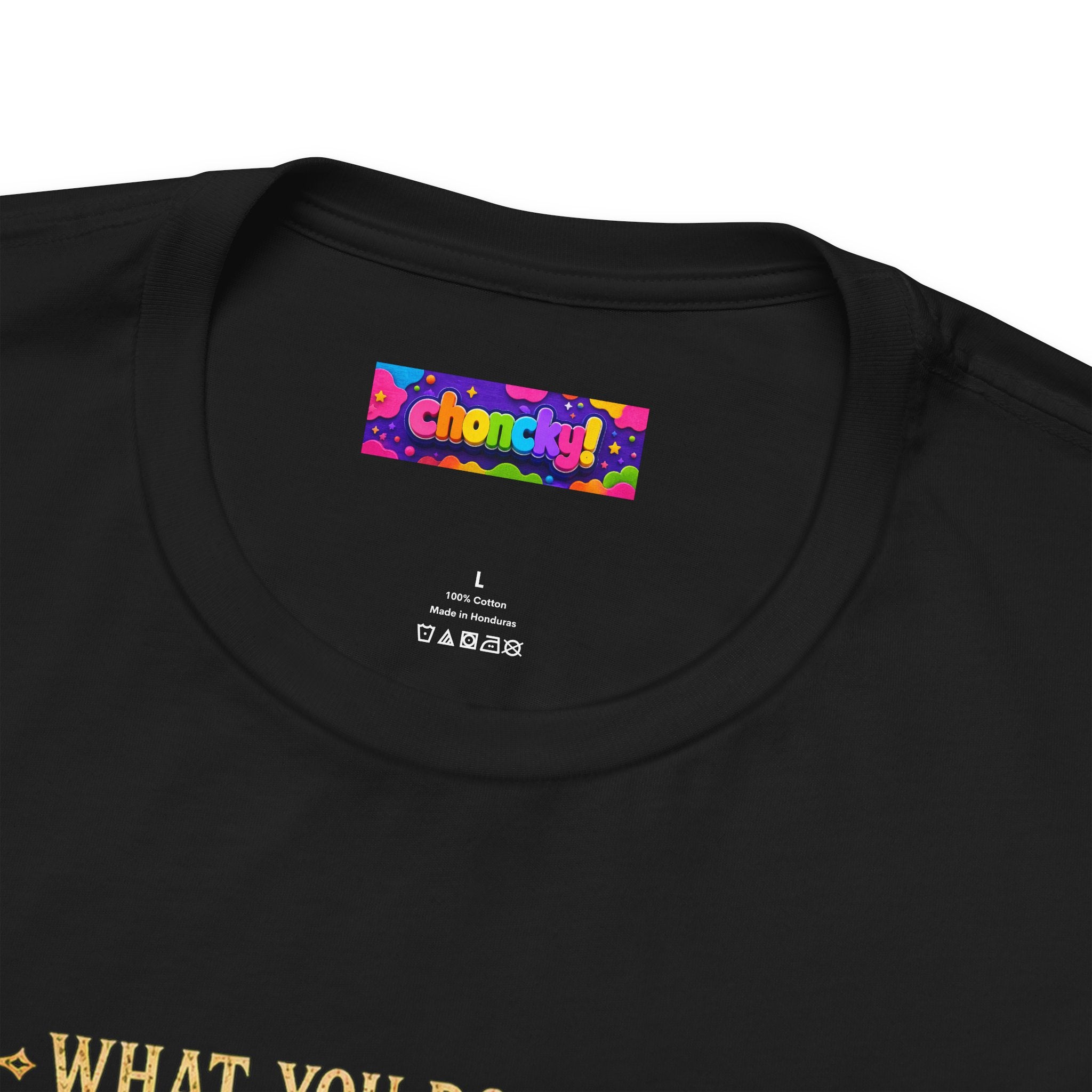 Mage Hand tabletop RPG graphic T-shirt, close-up of the Choncky neck label.
