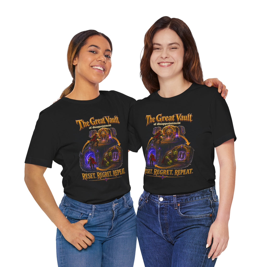 Great Vault Reset Regret Repeat fantasy MMO graphic T-shirt, black shirts modeled by two women.