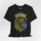 Plant-Based Champion fantasy druid graphic T-shirt, black shirt draped on a light background.