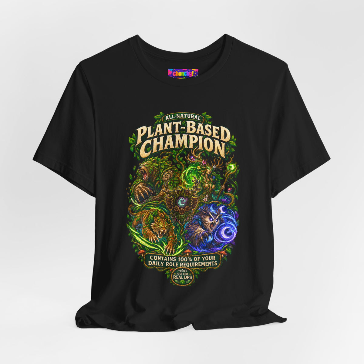 Plant-Based Champion fantasy druid graphic T-shirt, black shirt draped on a light background.