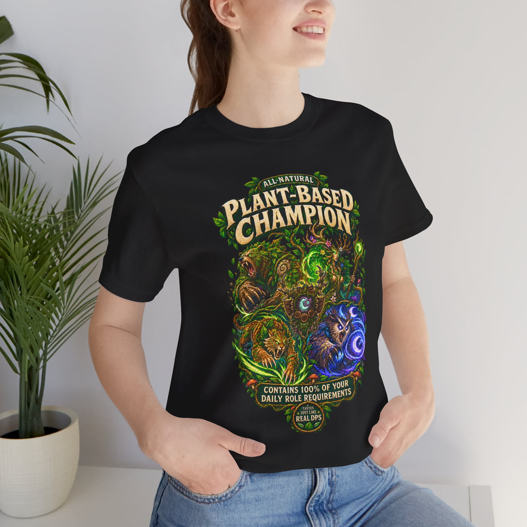 Plant-Based Champion fantasy druid graphic T-shirt, black shirt close-up on a woman in a casual room.