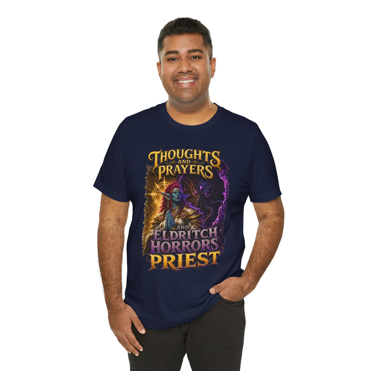 Thoughts, Prayers & Eldritch Horrors graphic T-shirt product mockup