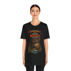 Dungeon Hoarder tiefling tabletop RPG graphic T-shirt, black shirt front view modeled by a standing person.