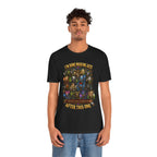 I'm Done Making Alts After This One fantasy MMO graphic T-shirt, black shirt front view modeled with a relaxed stance.